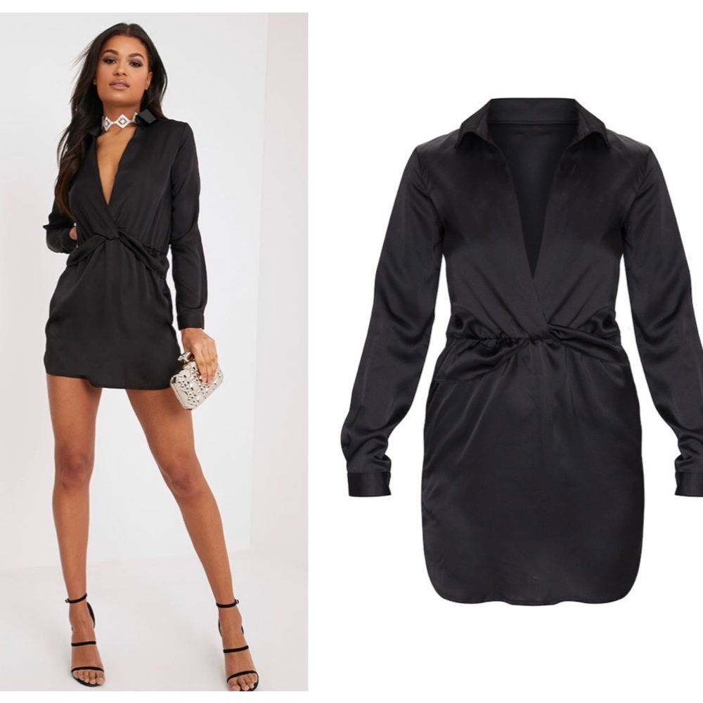 Black Twist Front Silky Shirt Dress